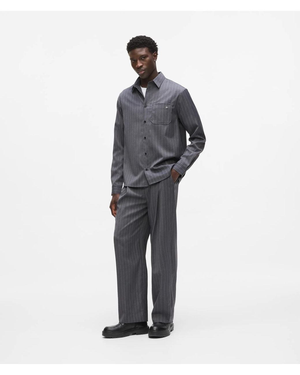 Karl Lagerfeld Gray Pinstripe Wool‑Blend Shirt for men