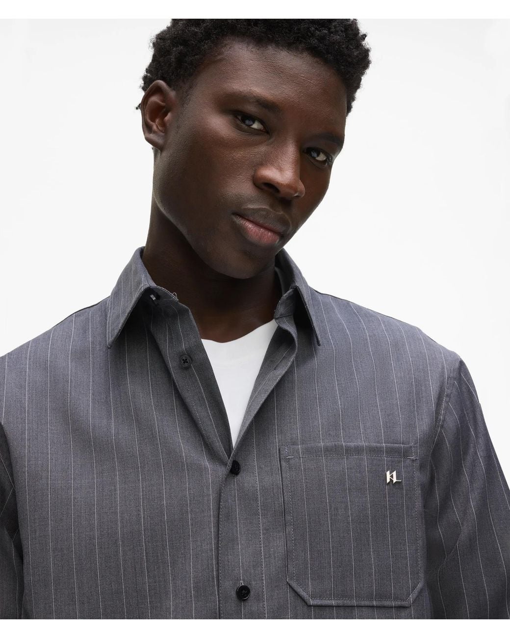 Karl Lagerfeld Gray Pinstripe Wool‑Blend Shirt for men