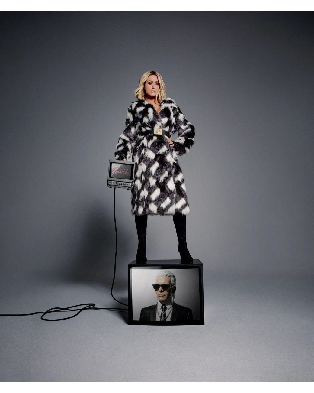 Karl Lagerfeld Blue Belted Faux-Fur Maxi Coat, Multicoloured