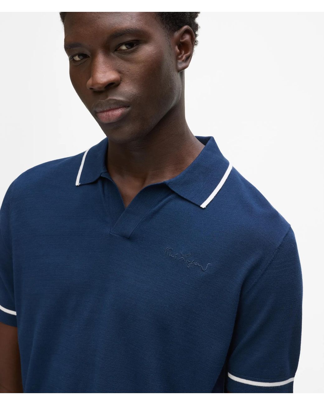 Karl Lagerfeld Blue Contrast Piping Knit Polo Shirt for men