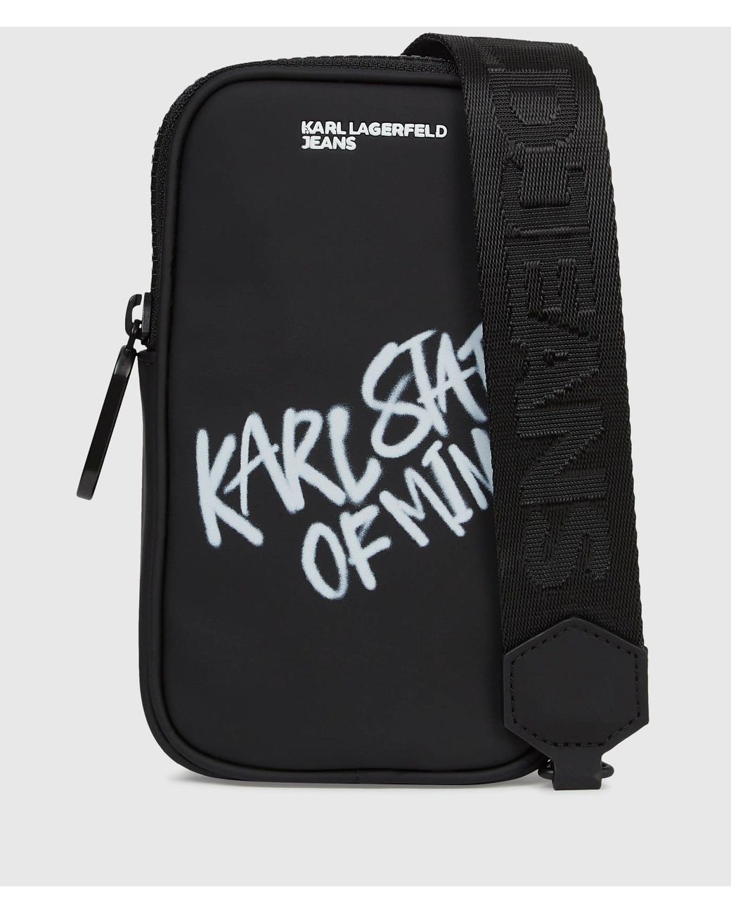 KL Jeans Black Coated Karl Quote Phone Pouch for men
