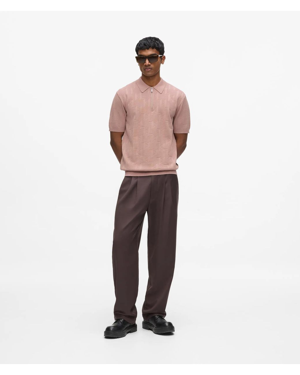 Karl Lagerfeld Pink Monogram Zip-Up Polo Shirt for men