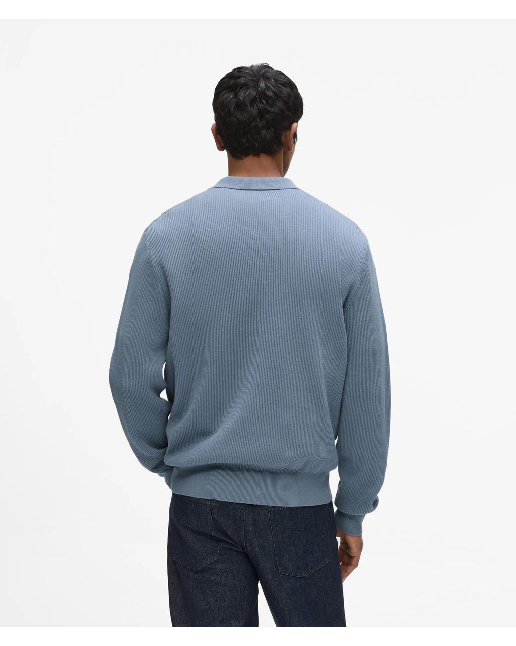 Karl Lagerfeld Blue Rib Knit Long-Sleeved Polo Shirt for men