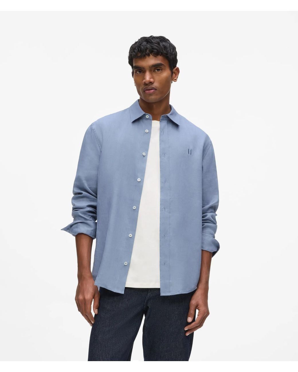 Karl Lagerfeld Blue Monogram Linen Shirt for men