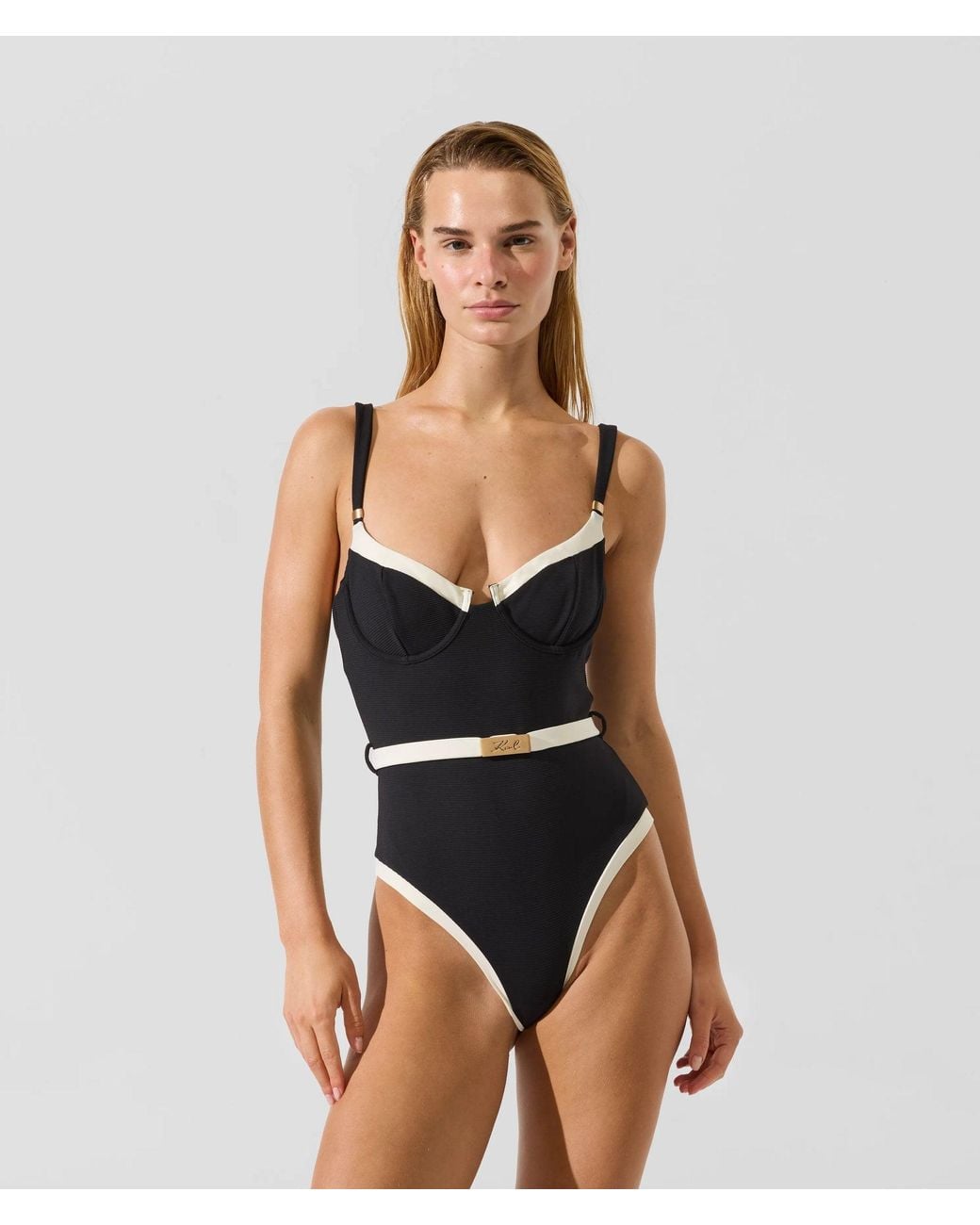 Karl Lagerfeld Black Signature Belted Swimsuit