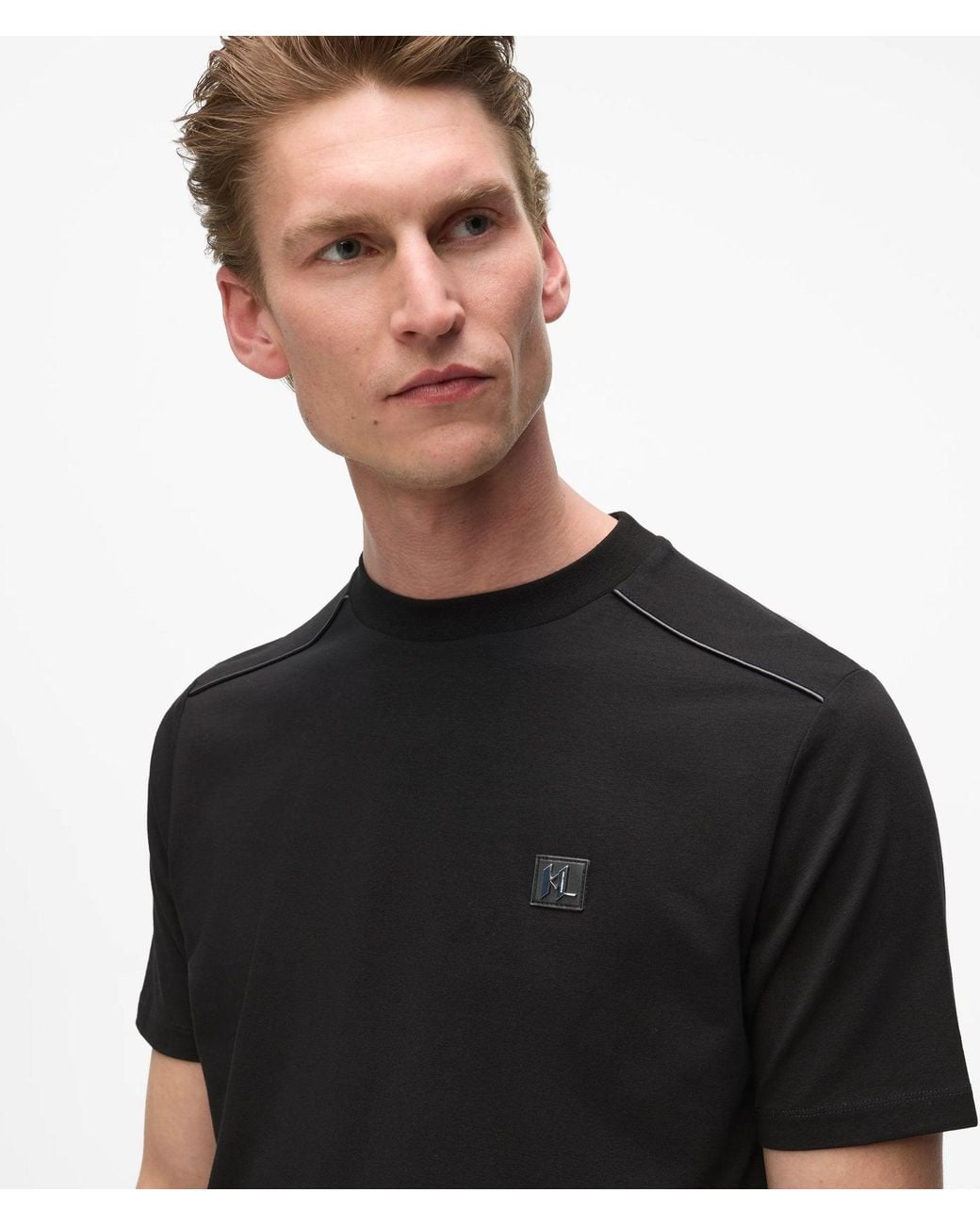Karl Lagerfeld Black Faux-Leather Piping T-Shirt for men