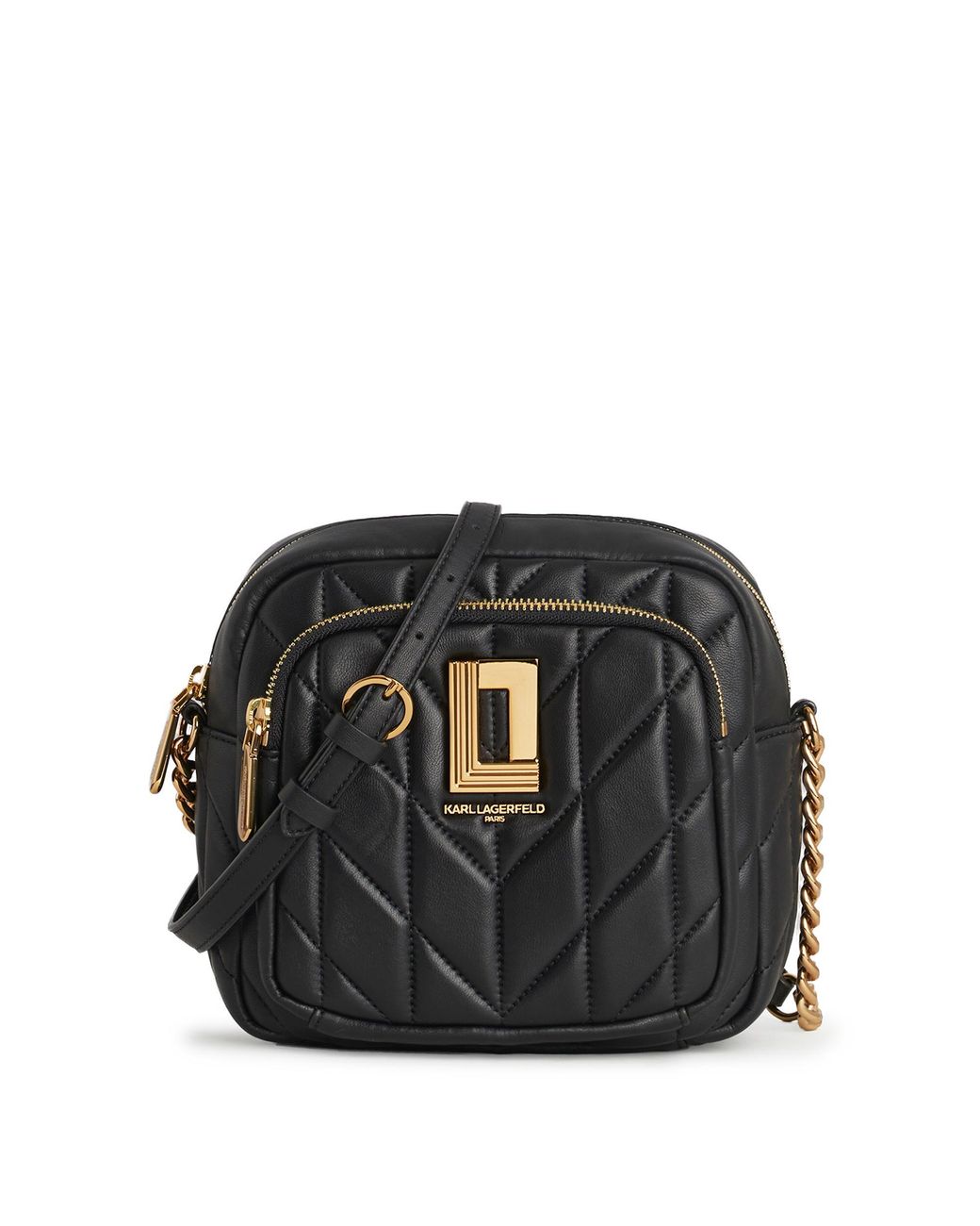 Karl Lagerfeld Leather Lafayette Camera Crossbody in Black/Gold (Black