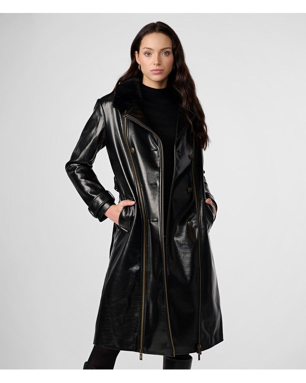 Karl Lagerfeld, Women's Faux Croc Leather Trench, Black