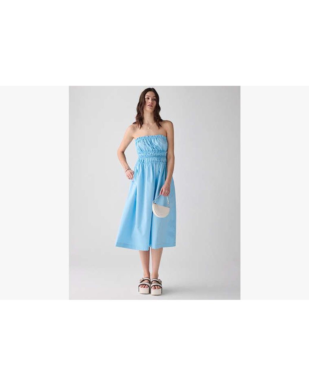 Kate Spade Blue Smocked Strapless Midi Dress