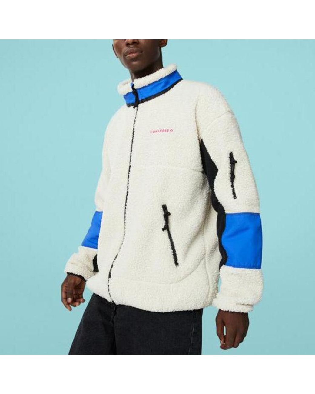 Converse Blue Sherpa Jacket Polar Fleece Stay Warm Colorblock Casual Stand Collar for men