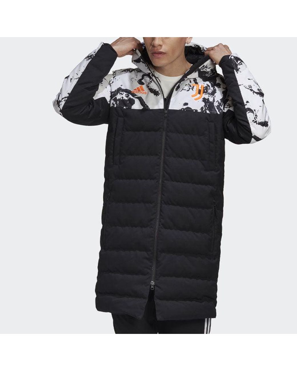 Adidas Black Juve Ssp Dwcoat Juventus Colorblock Soccer/Football Mid-Length Sports Hooded Down Jacket for men