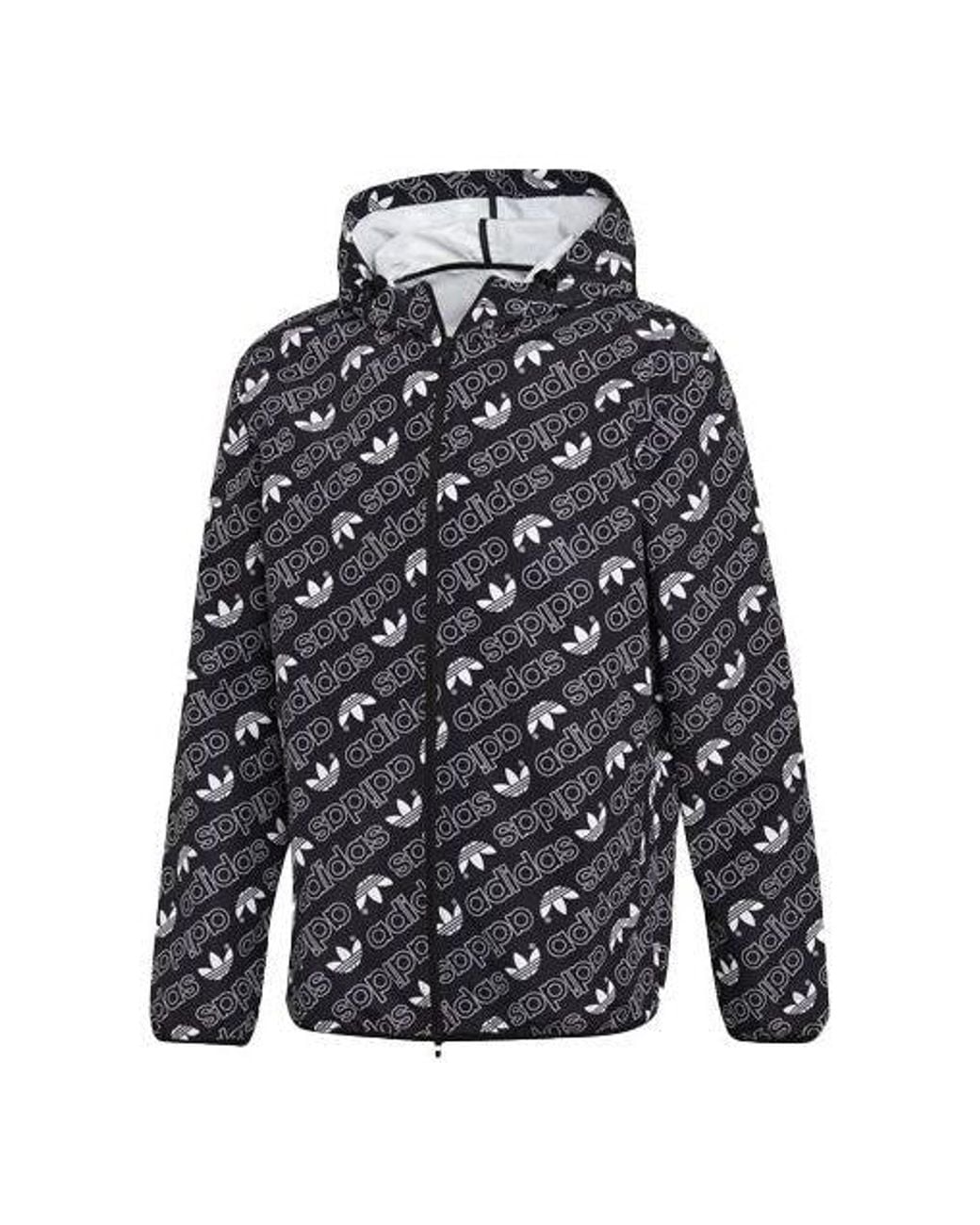 Adidas Blue Originals Full Print Athleisure Casual Sports Hooded Woven Windproof Outdoor Jacket for men