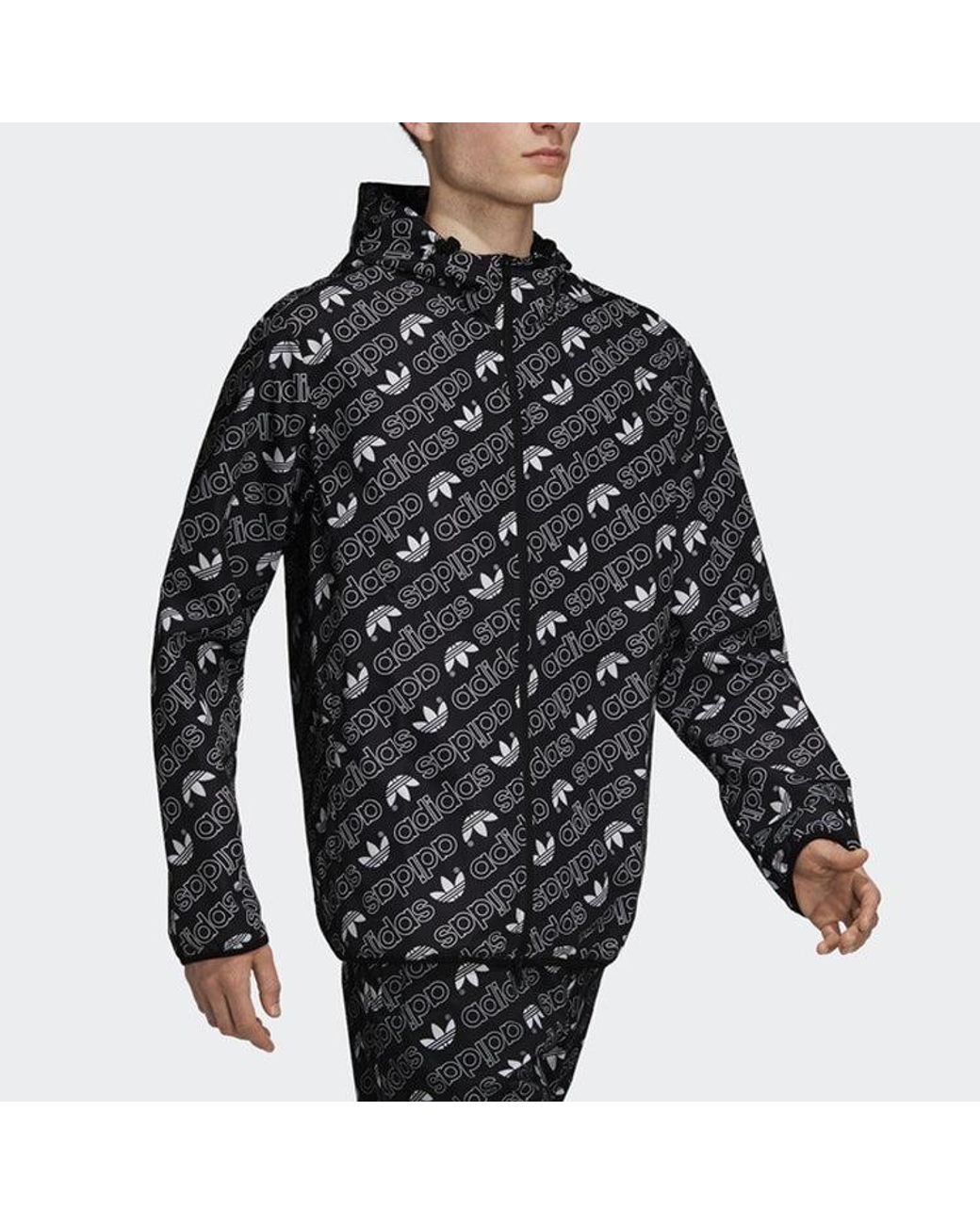 Adidas Blue Originals Full Print Athleisure Casual Sports Hooded Woven Windproof Outdoor Jacket for men