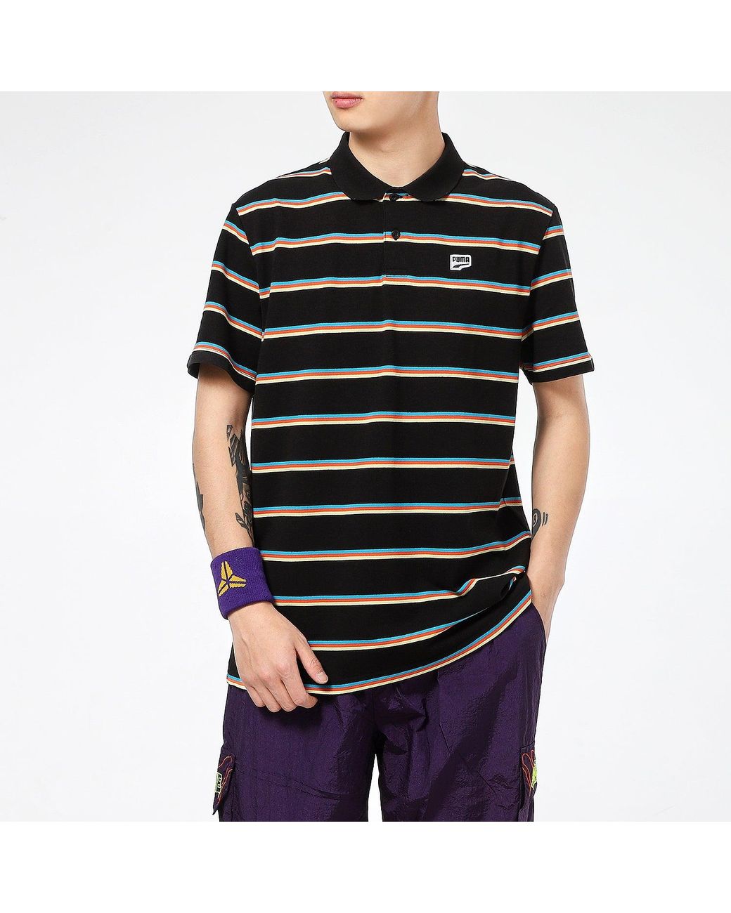 PUMA Black Downtown Stripe Polo Tee Shirt for men