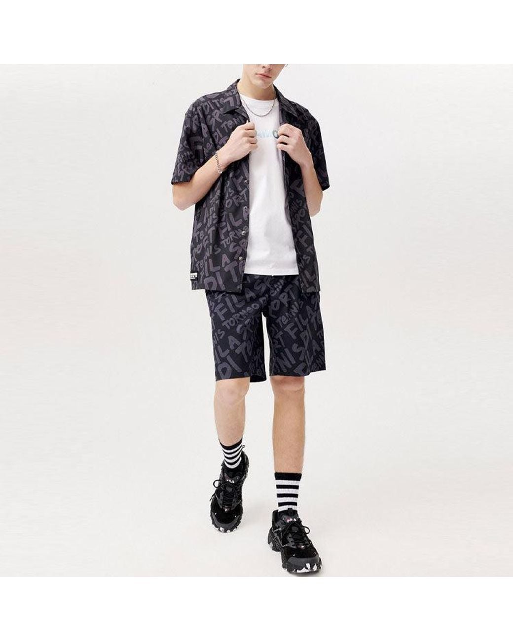 Fila Black Logo Full Print Loose Short Sleeve Shirt for men