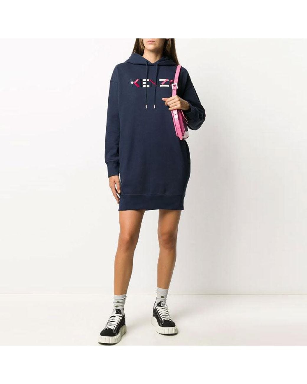 KENZO Blue (Wmns) Fw20 Logo Embroidered Fleece Lined Hooded Long Sleeves Hoodie