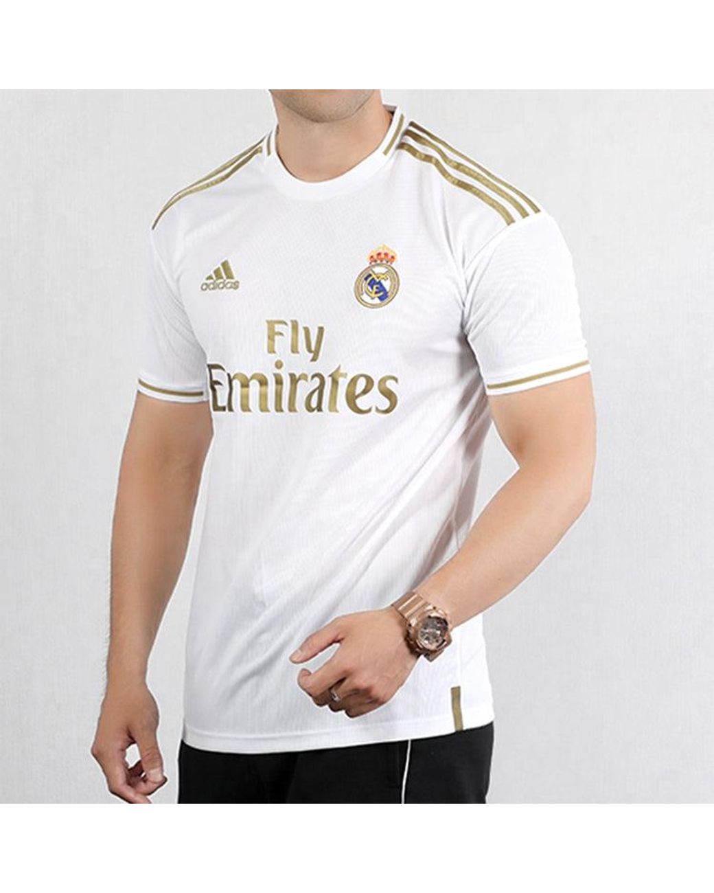 Adidas White Real Madrid 19-20 Season Fan Edition Home Alphabet Logo Stripe Sports Soccer/Football Short Sleeve Jersey for men