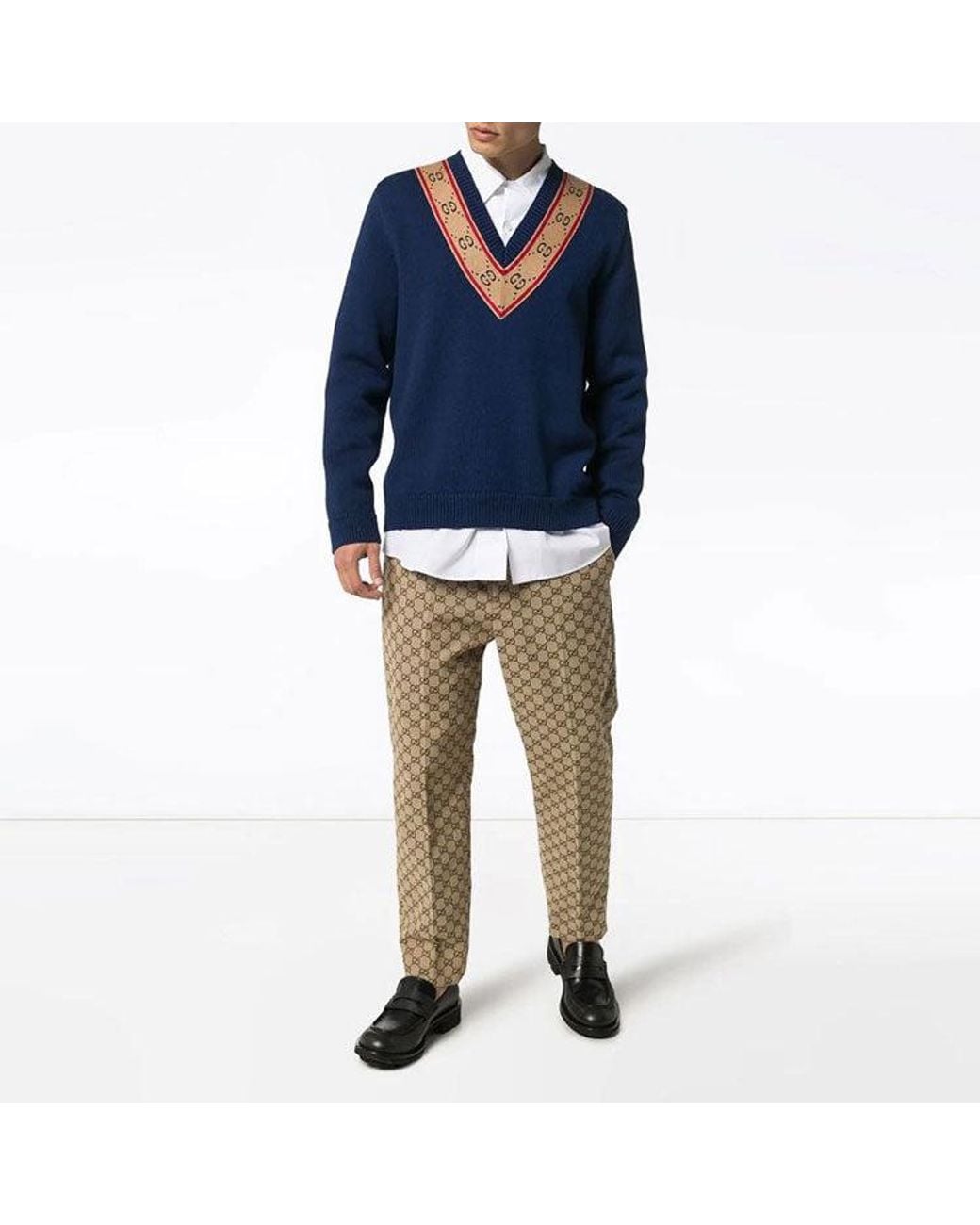 Gucci Blue Gg V-Neck Wool Sweater