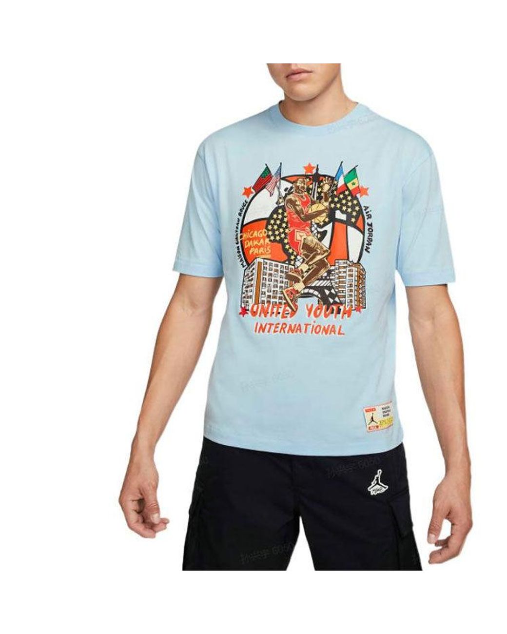 Nike Blue X Maison Chateau Rouge Crossover Retro Basketball Character Printing Short Sleeve Asia Edition for men