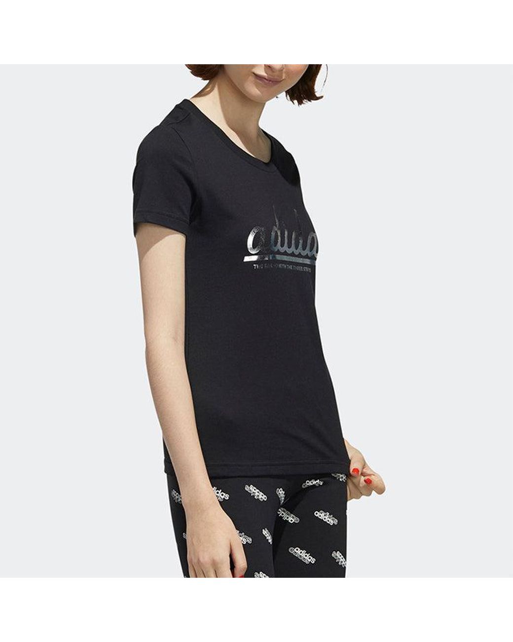 Adidas Black (Wmns) Alphabet Logo Printing Cotton Short Sleeve