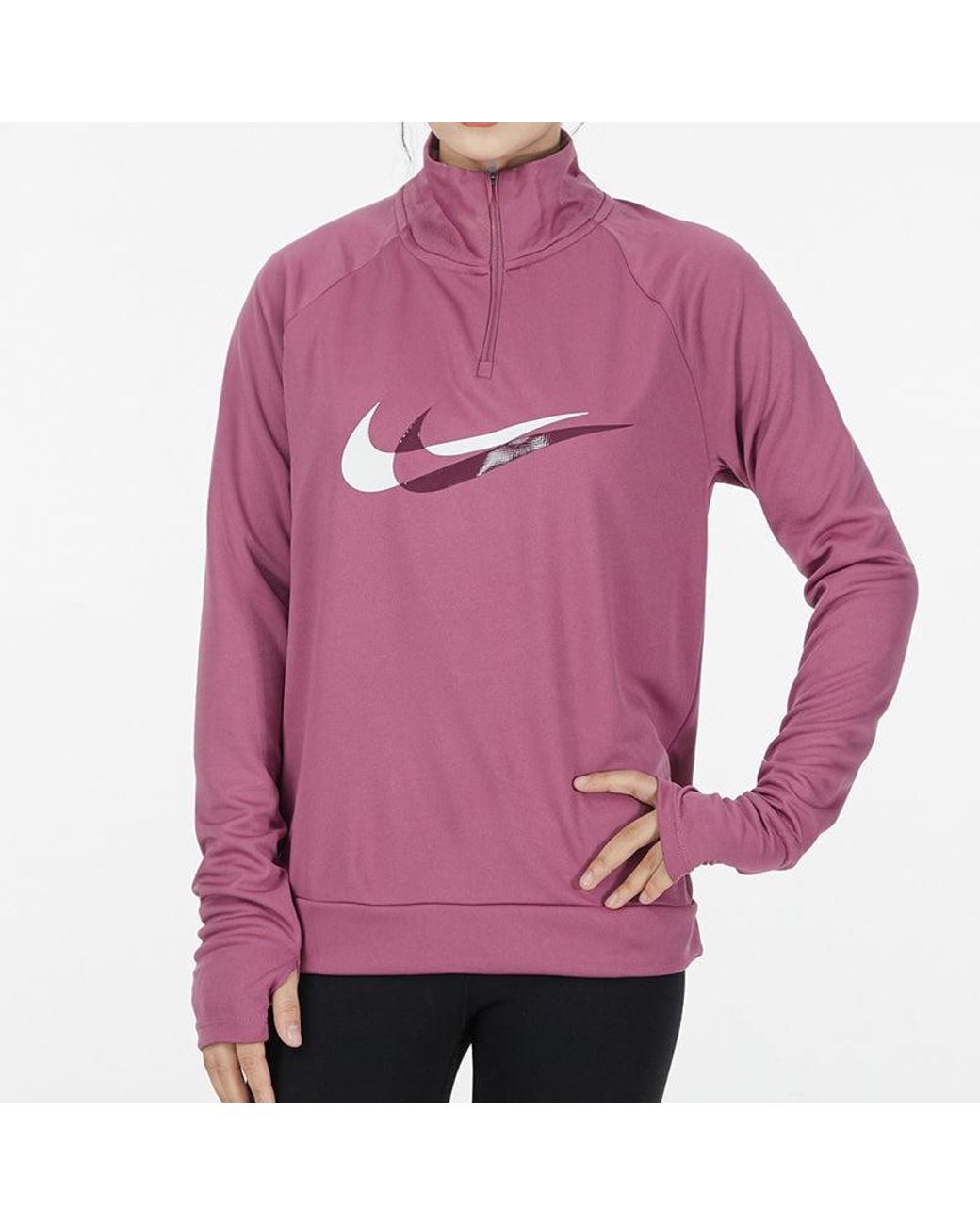 Nike Purple (Wmns) Dri-Fit Half Zipper Quick Dry Reflective Sports Long Sleeves Deep T-Shirt