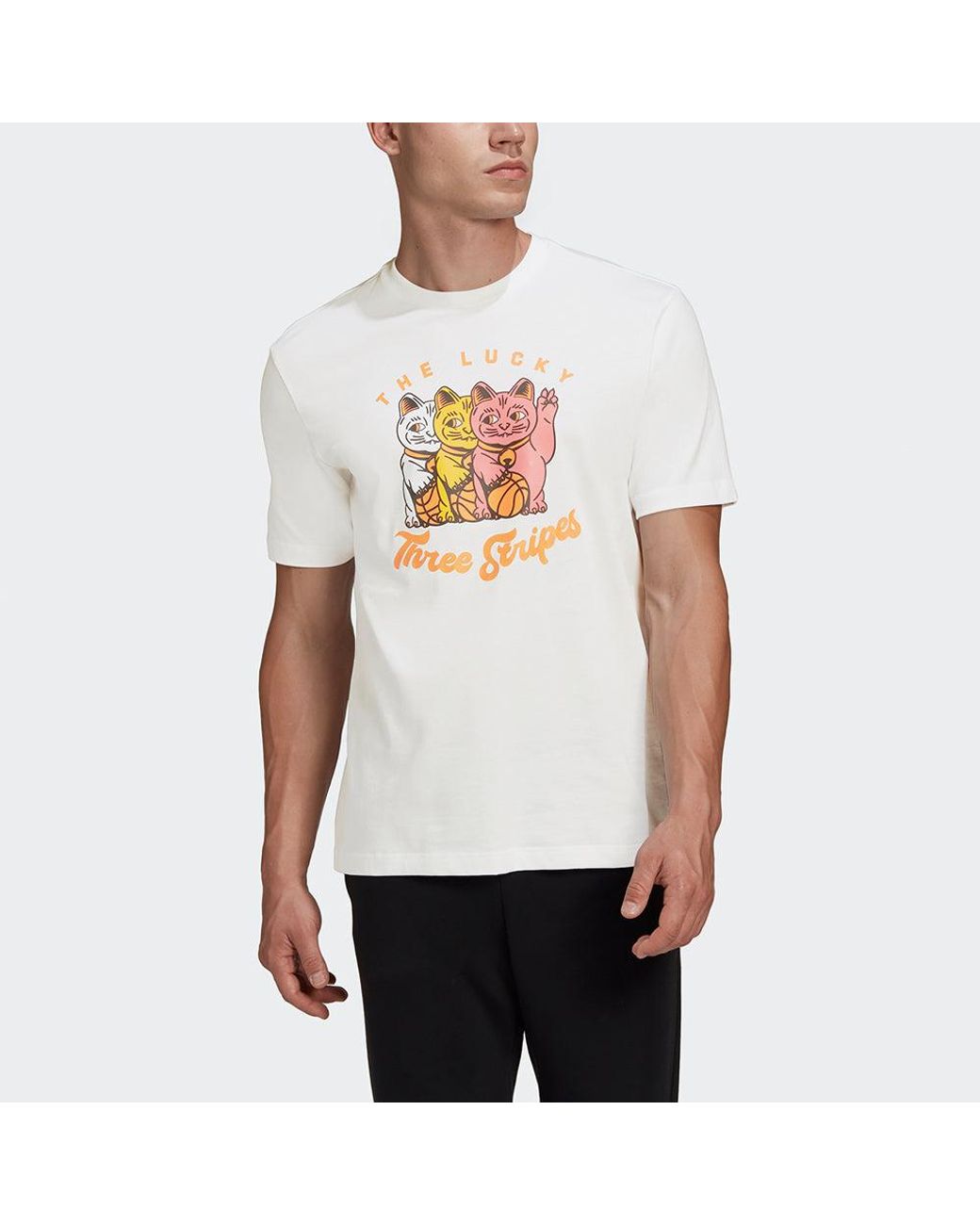 Adidas White 3 Cats Graphic Loose Sports Round Neck Cartoon Printing Short Sleeve for men