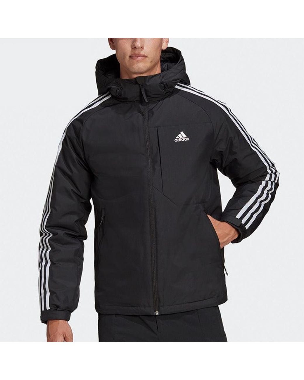 Adidas Black 3St Down Jkt Logo Printing Side Stripe Sports Stay Warm Hooded Down Jacket for men