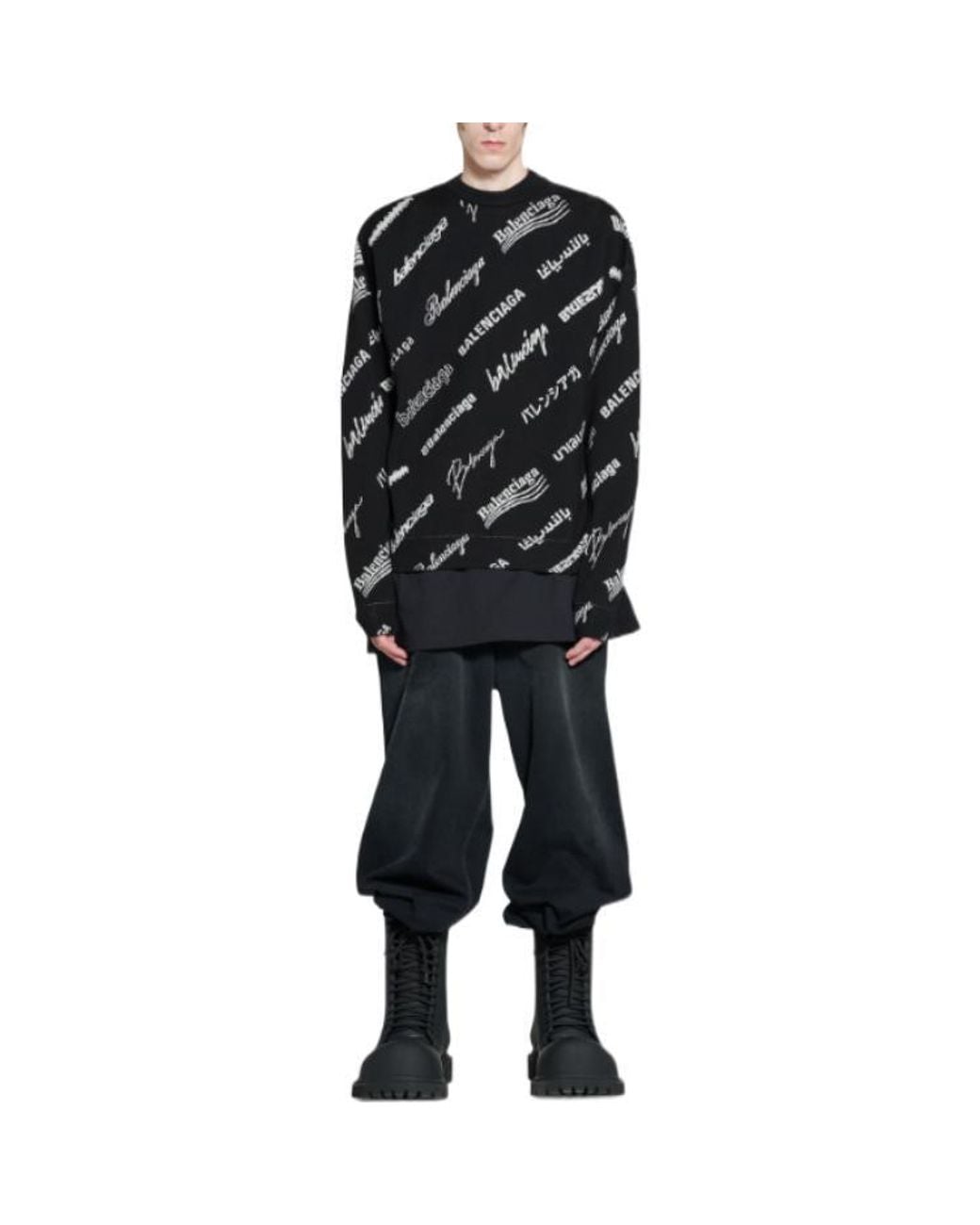 Balenciaga Black Allover Logo Print Crewneck Sweatshirt for men