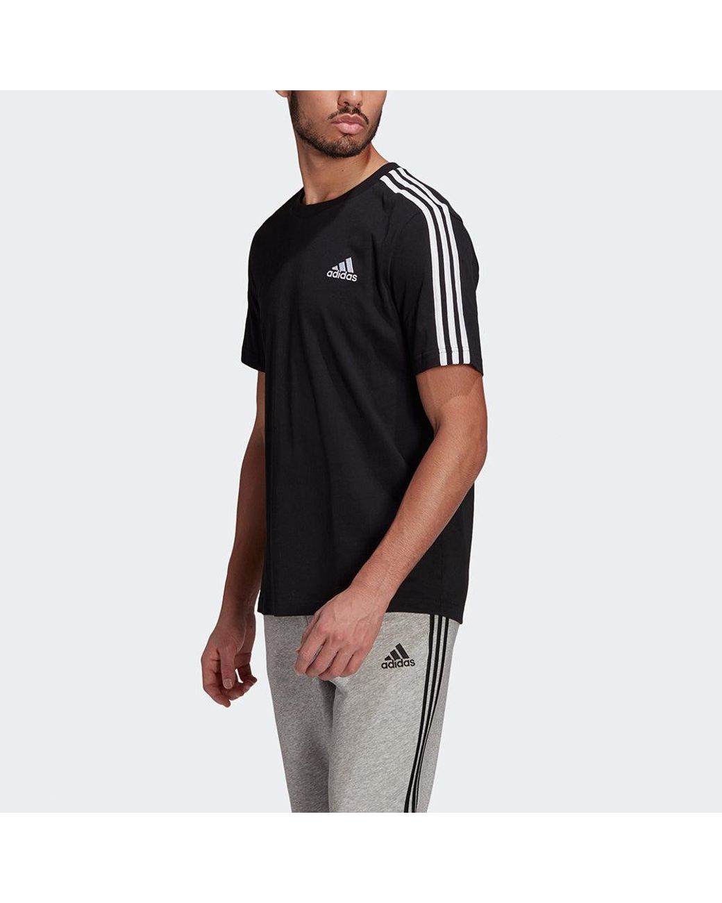 Adidas Black M 3S Sj T Sports Training Stripe Round Neck Short Sleeve for men