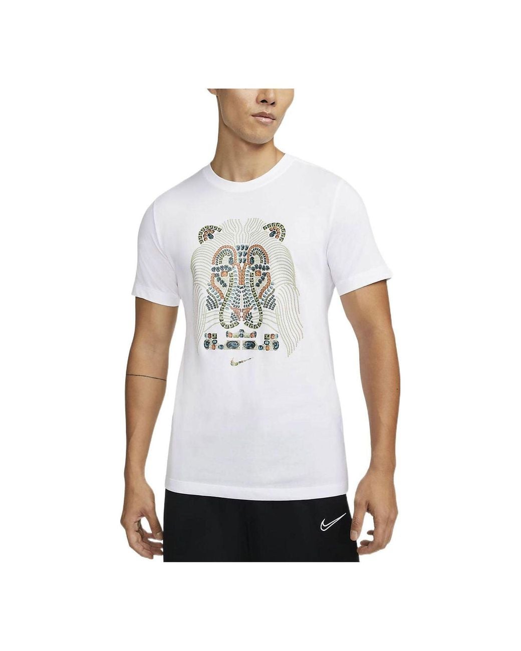 Nike White Lebron James Lion Pattern Round Neck Pullover Short Sleeve T-Shirt for men