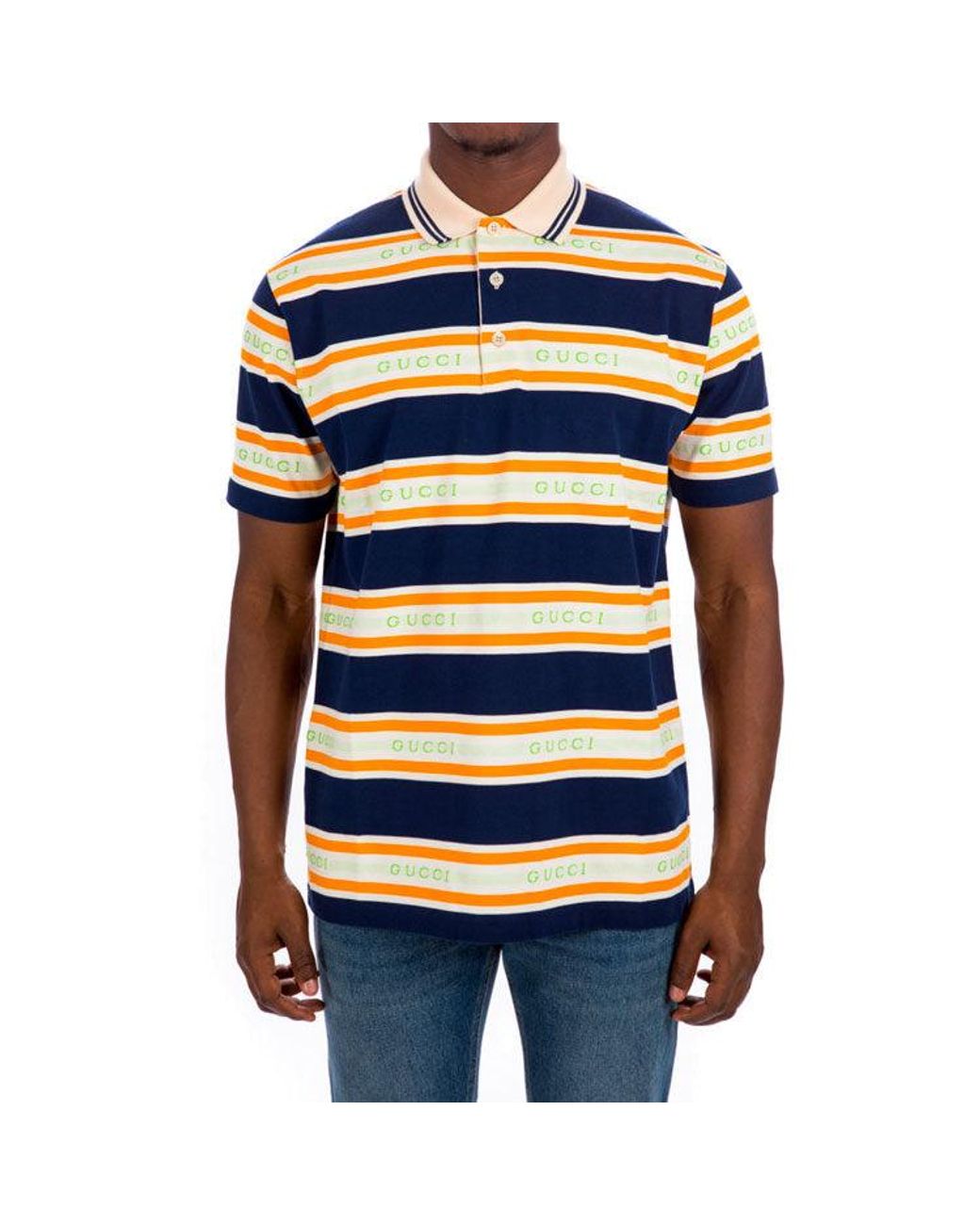 Gucci Blue Logo Collar Stripe Polo 'Ink Ivory' for men