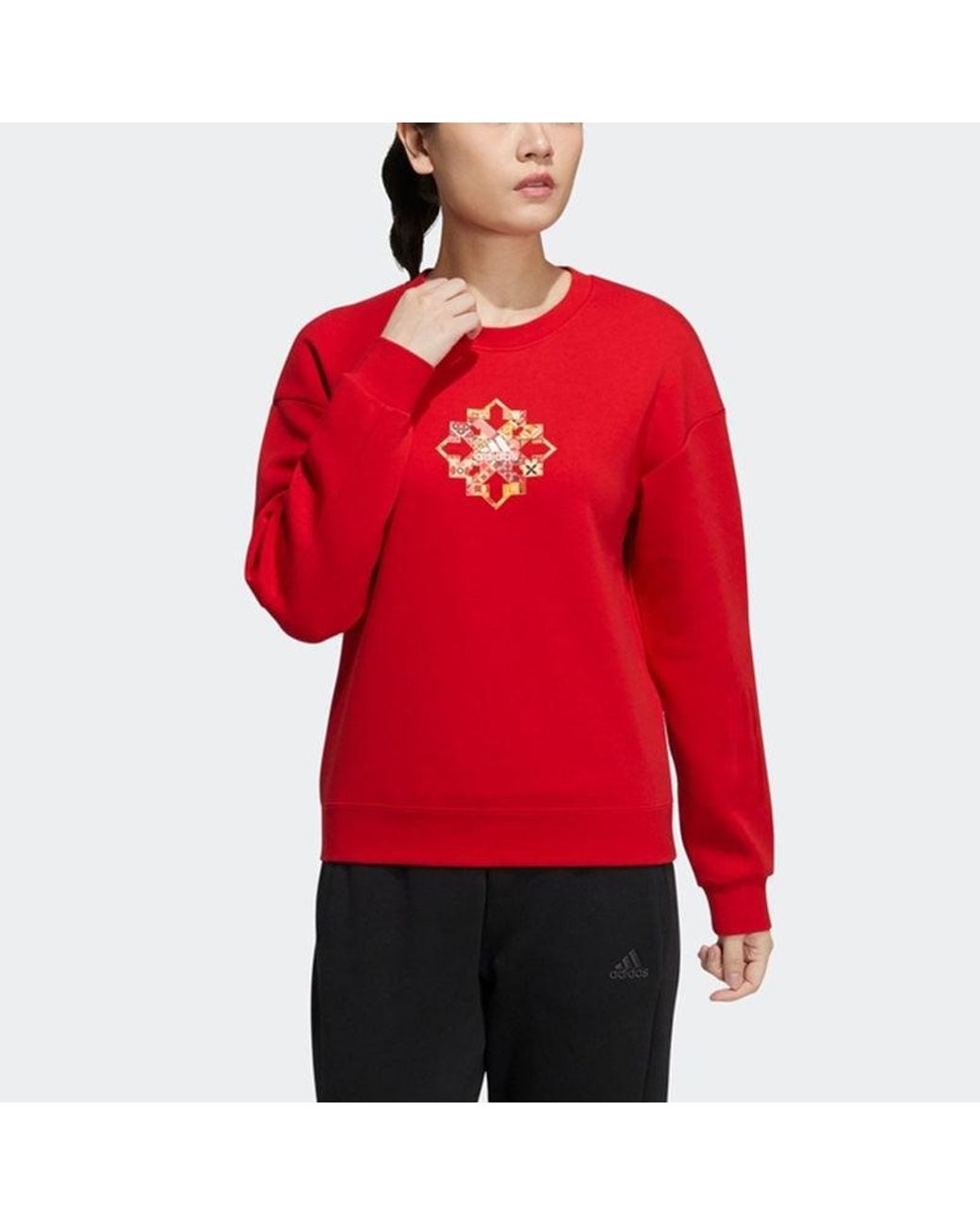 Adidas Red (Wmns) Cny Sweat Limited Funny Pattern Sports Round Neck Hoodie