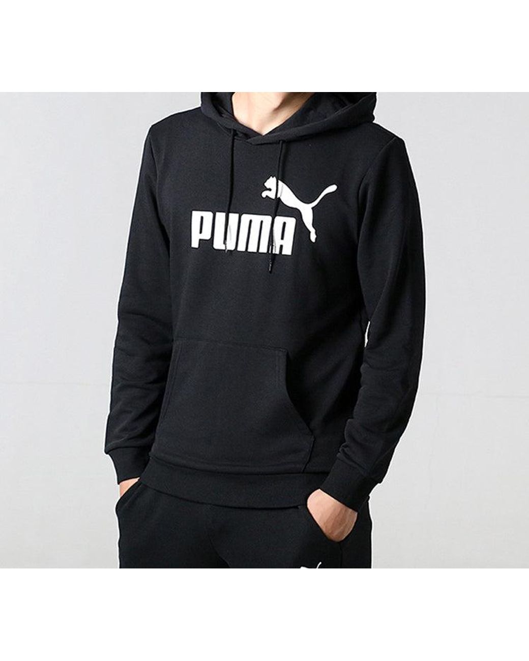 PUMA Black Ess Hoody Tr Big Logo Pullover Fleece for men