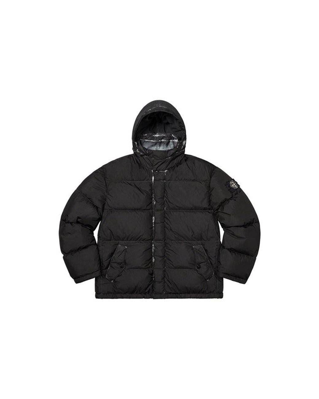 Supreme Black X Stone Island Painted Camo Crinkle Down Jacket for men