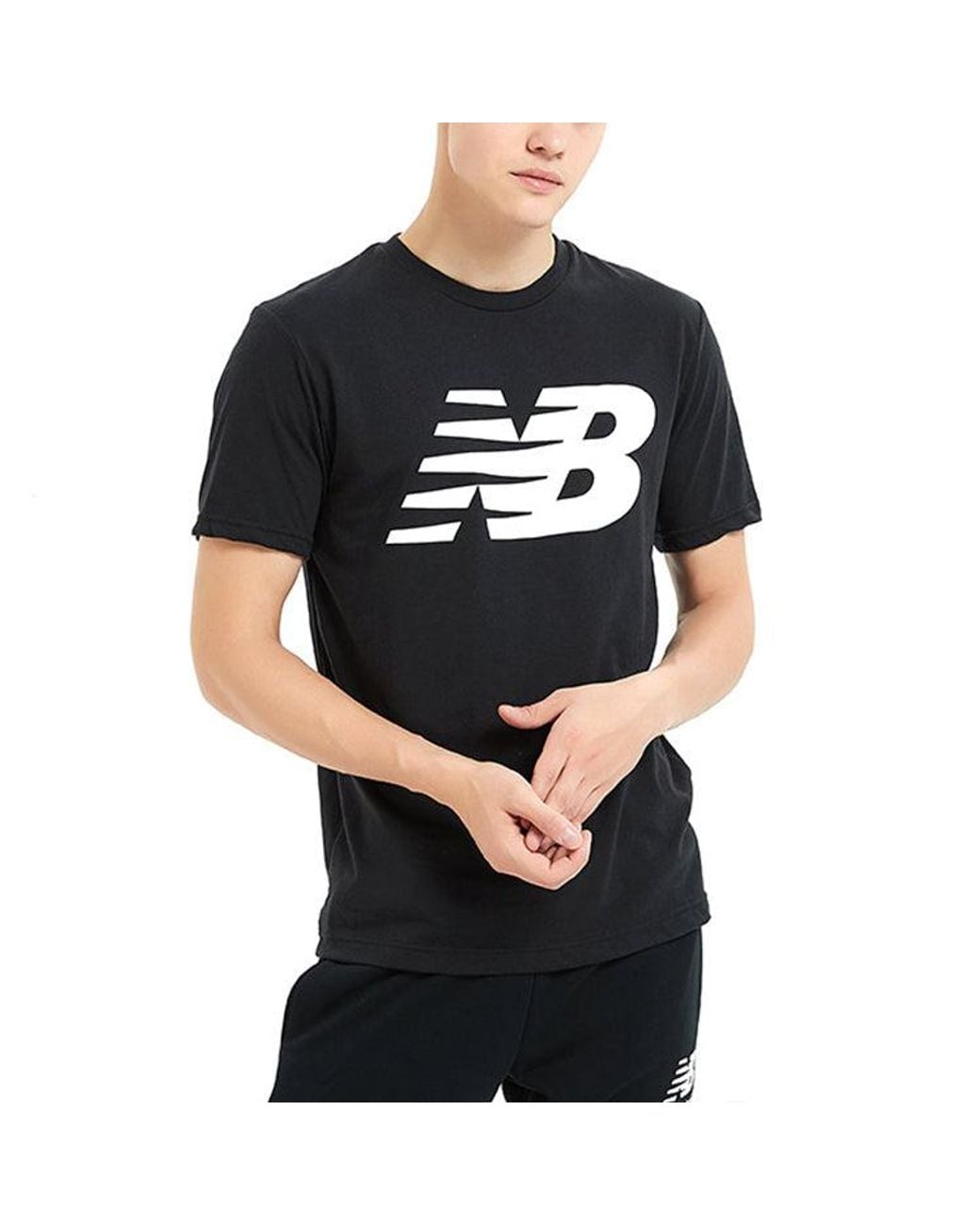 New Balance Black Knit Breathable Athleisure Casual Sports Logo Printing Short Sleeve for men