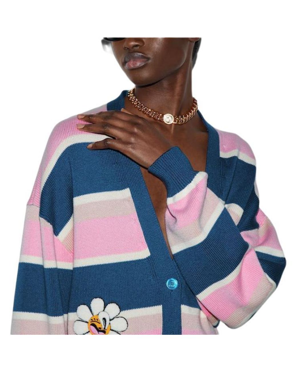 Gucci Blue (Wmns) Striped Cotton Wool Cardigan With Patch