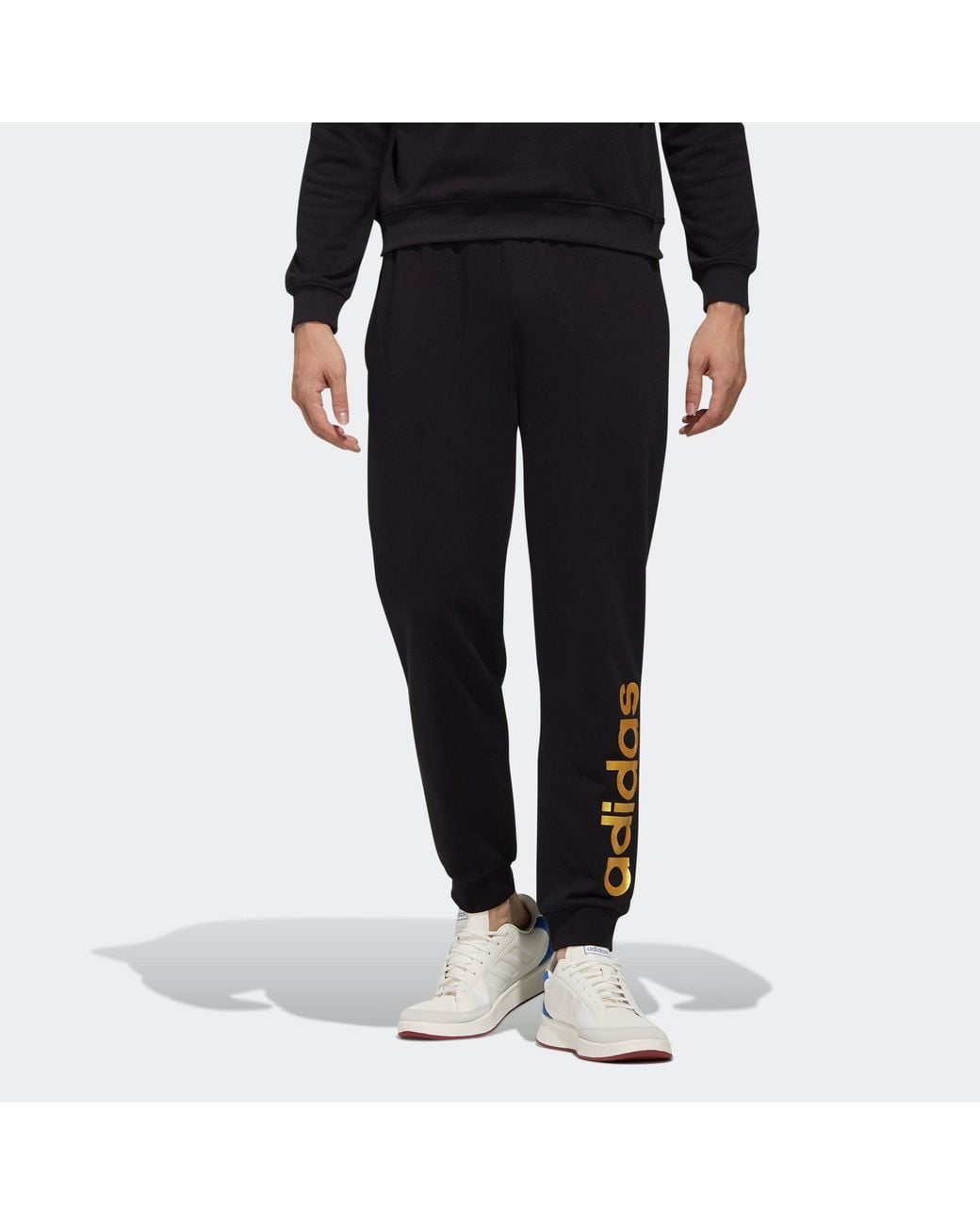 Adidas Black Neo Esntl Lg Tp 1 Metallic Logo Printing Bundle Feet Sports Pants/Trousers/Joggers for men