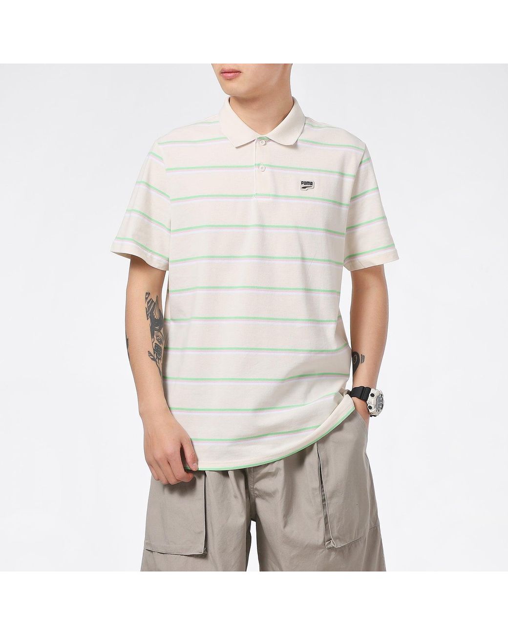 PUMA White Downtown Stripe Polo Tee Shirt for men