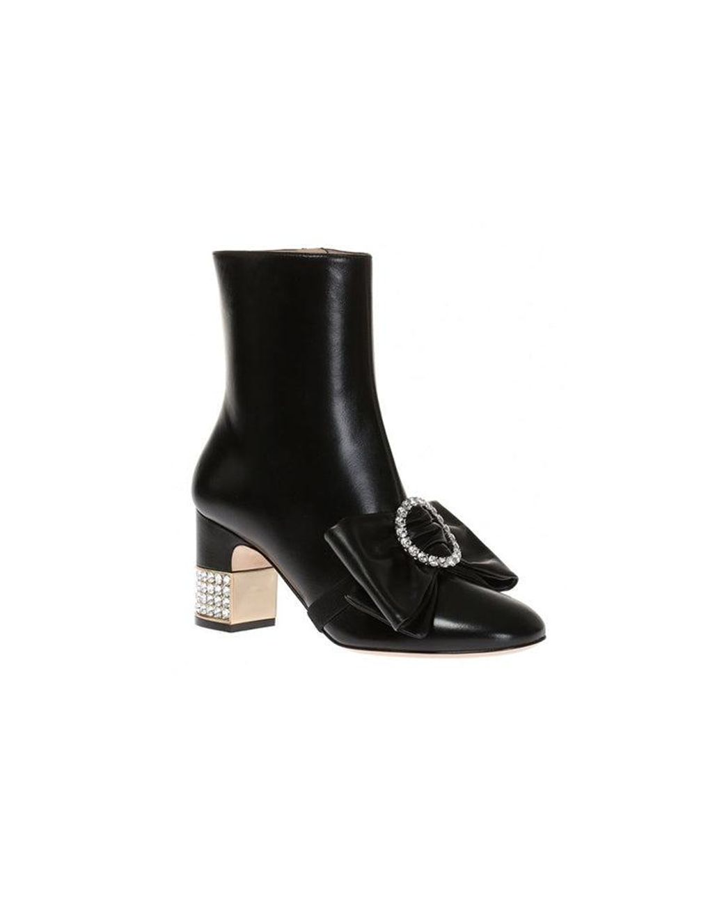 Gucci Black (Wmns) Removable Bow Leather Ankle Boots
