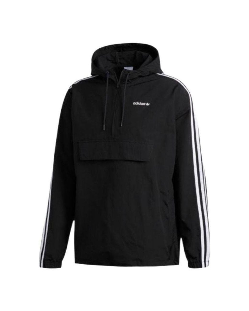 Adidas Black Originals Contrasting Colors Stripe Half Zipper Hooded Jacket for men