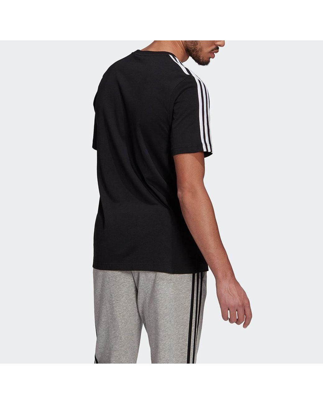 Adidas Black M 3S Sj T Sports Training Stripe Round Neck Short Sleeve for men