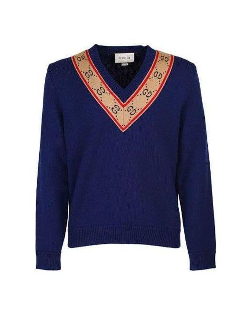 Gucci Blue Gg V-Neck Wool Sweater