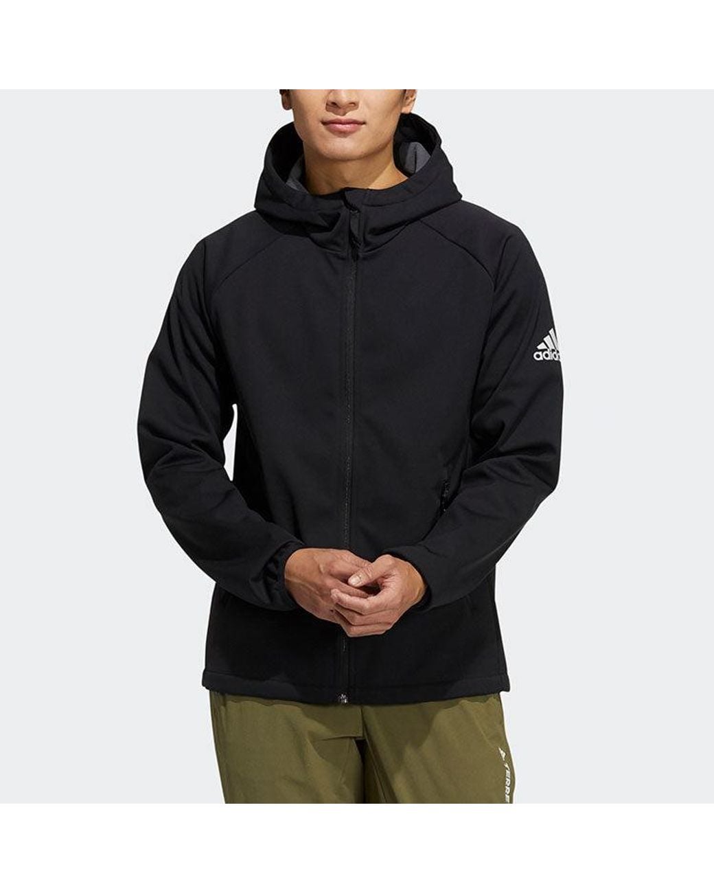 Adidas Blue Softshell Jkt Outdoor Sports Solid Color Logo Fleece Lined Hooded Jacket for men