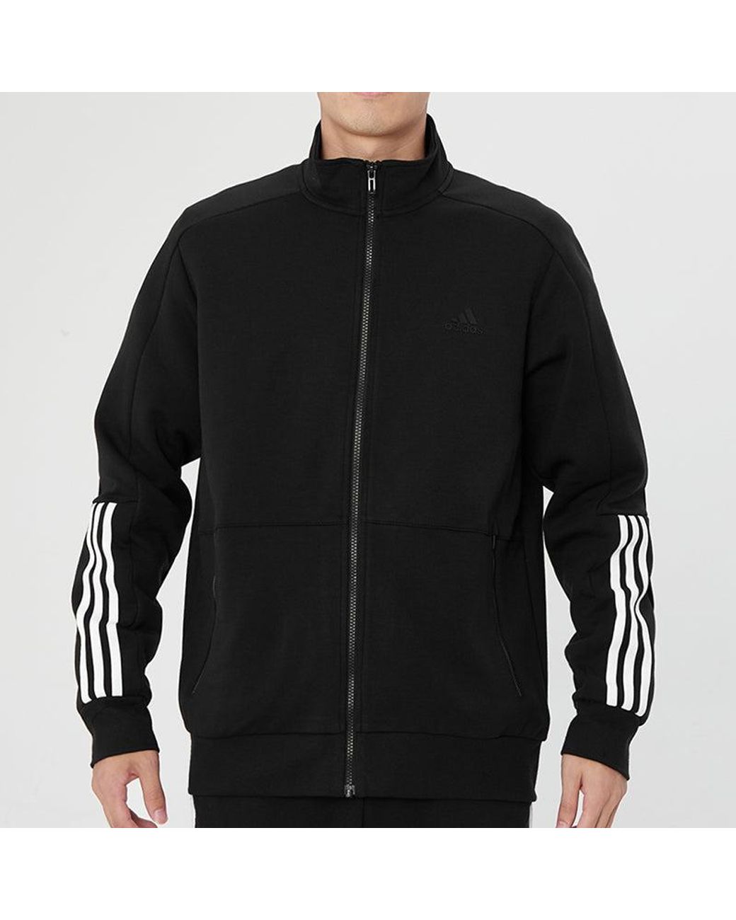 Adidas Black Fi Kn Tracktop Logo Printing Stripe Stand Collar Jacket for men