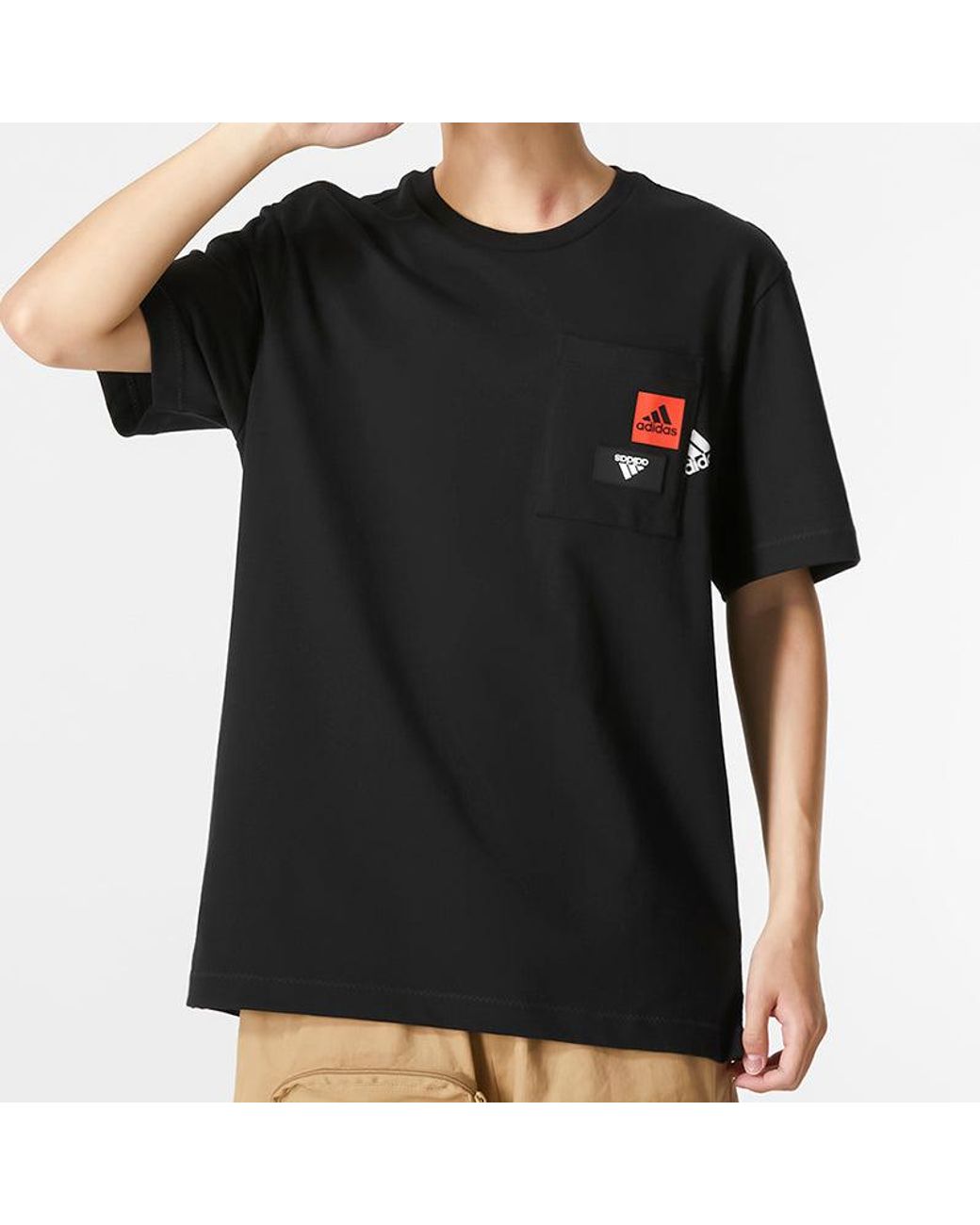 Adidas Black Solid Color Logo Pocket Athleisure Casual Sports Round Neck Short Sleeve T-Shirt for men