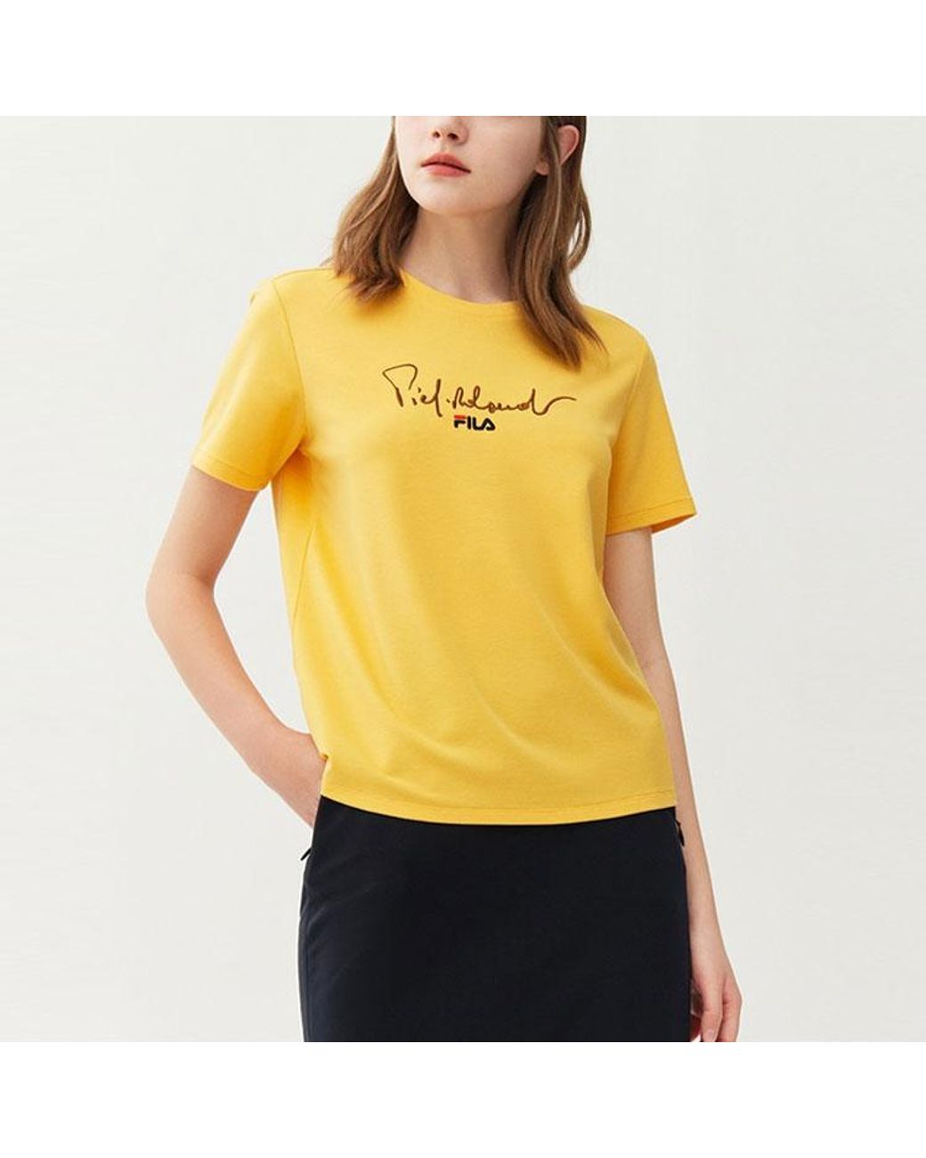 Fila Yellow (Wmns) Alphabet Logo Round Neck Casual Short Sleeve