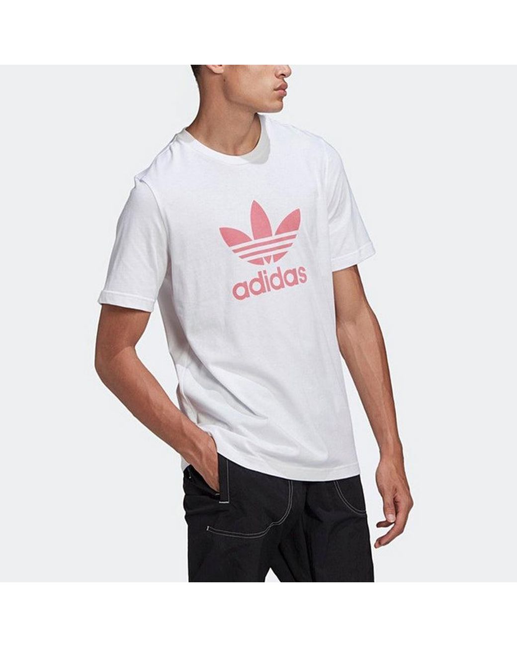 Adidas White Originals Trefoil Logo Printing Sports Round Neck Short Sleeve for men