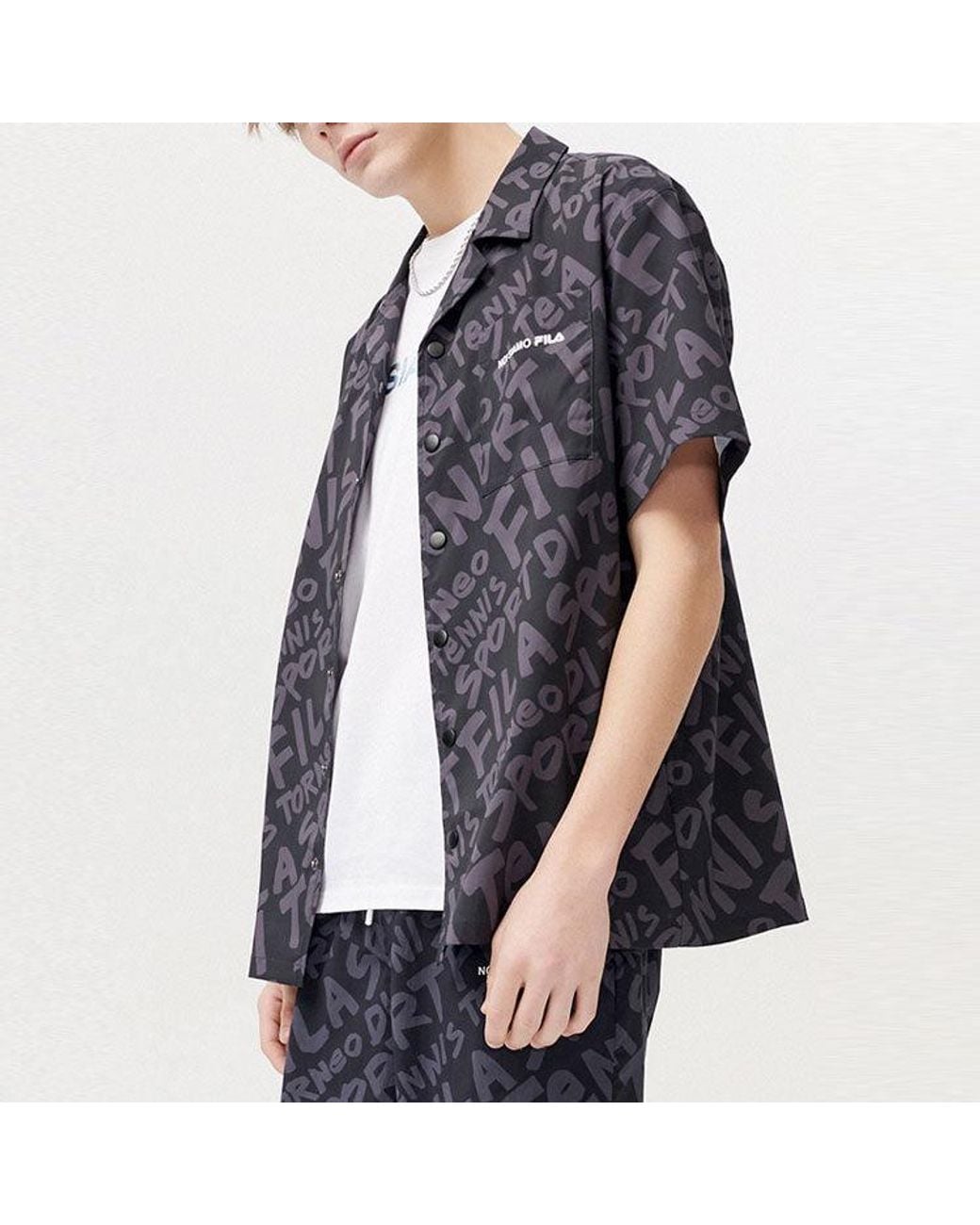 Fila Black Logo Full Print Loose Short Sleeve Shirt for men