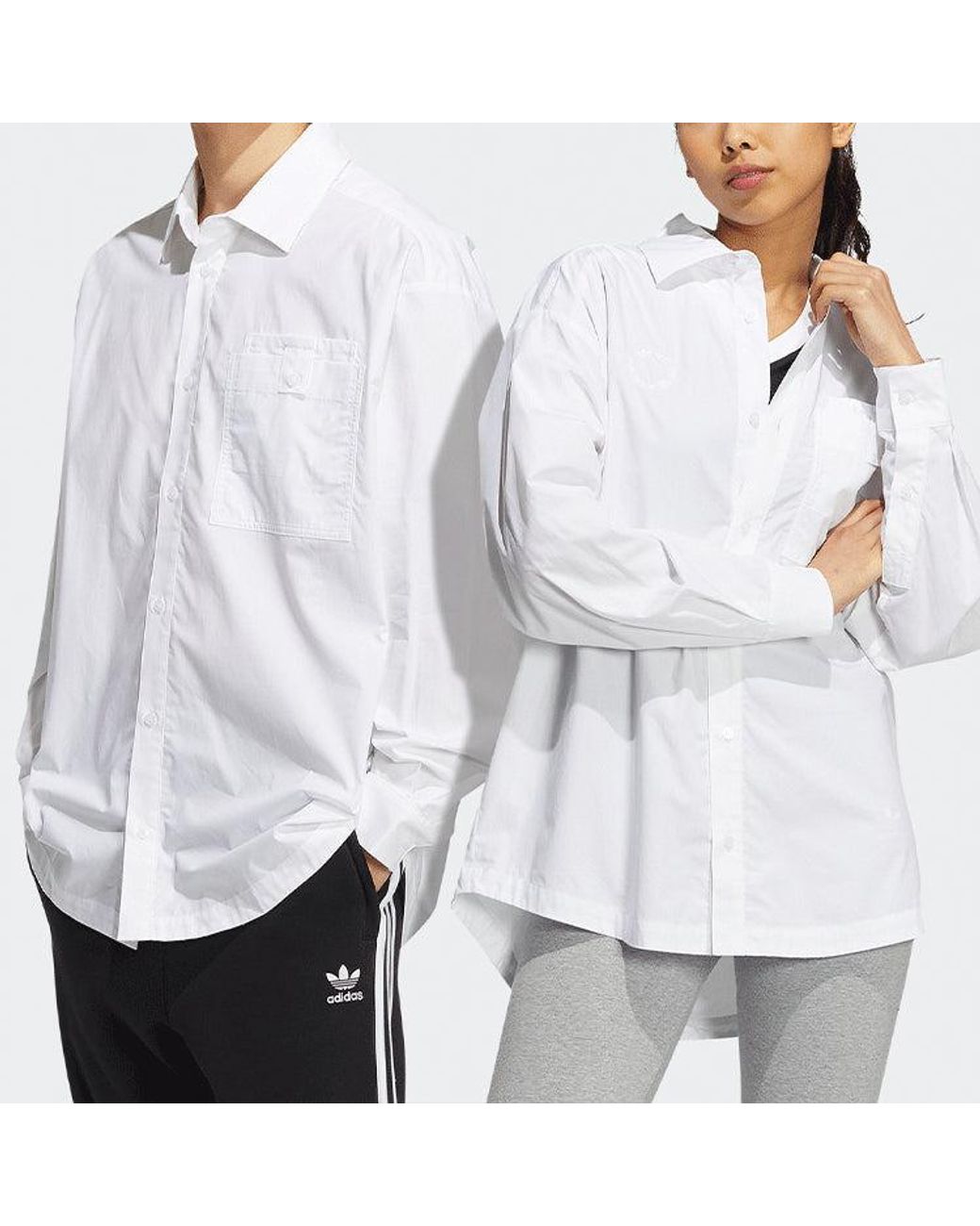 Adidas White Originals Solid Color Single Breasted Long Sleeves Shirt Couple Style for men