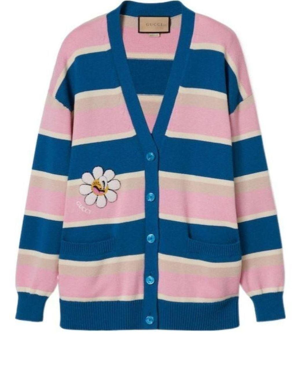 Gucci Blue (Wmns) Striped Cotton Wool Cardigan With Patch